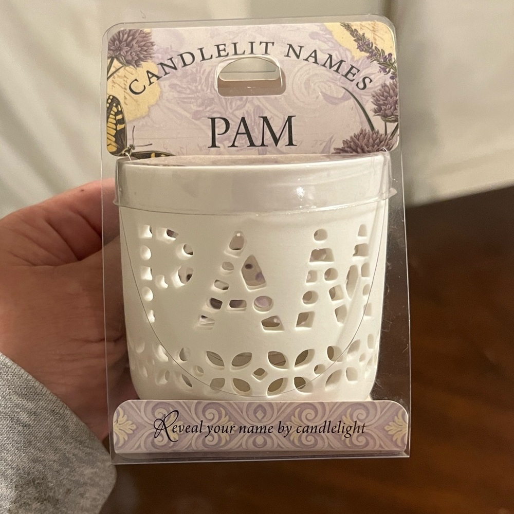 White Candle Holder with Cut Out Name ‘Pam’